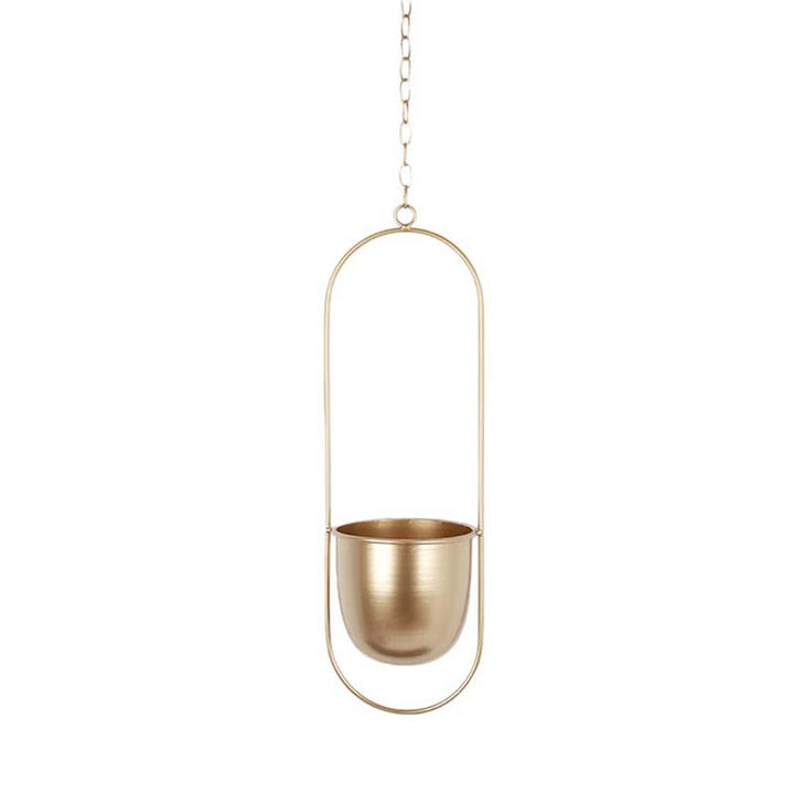 Gold hanging oval planter on a white background