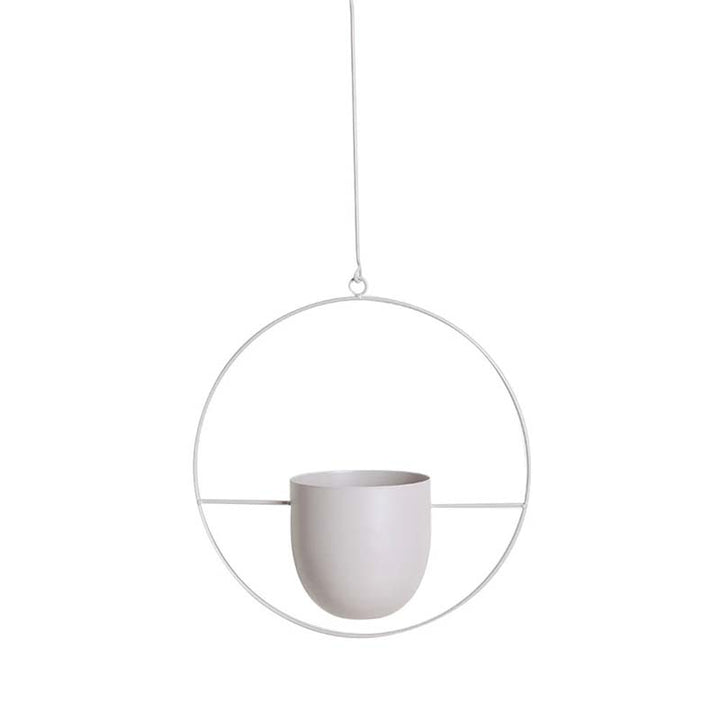 Light grey hanging planter with a circular metal frame on a white background