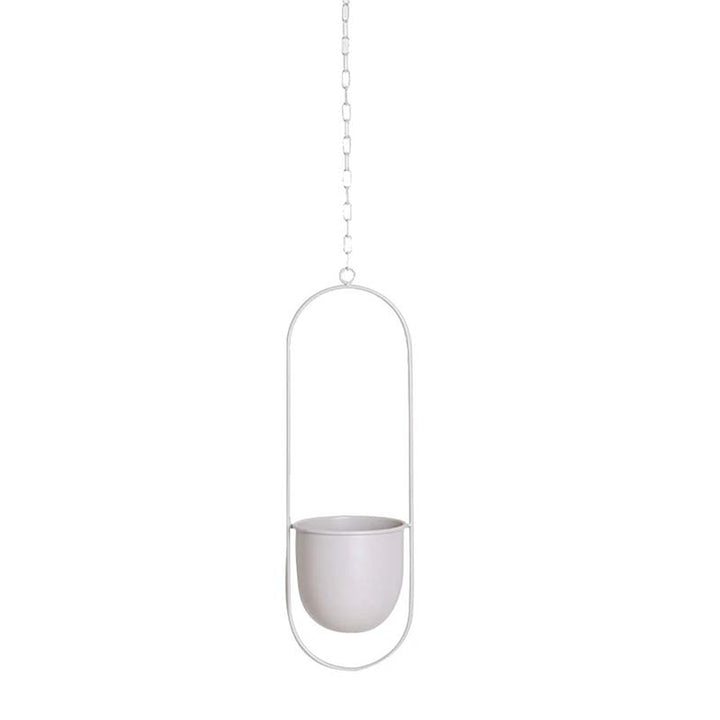 Oval light grey hanging planter with a chain on a white background