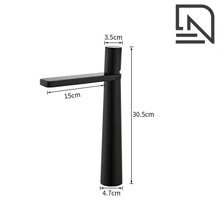 Tall matte black basin mixer tap in Nordic style, sleek brass design with single handle for minimalist UK bathroomsDimensions