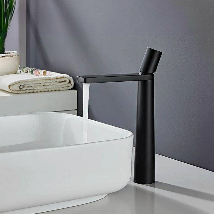 Matte black high arch basin mixer tap, minimalist Nordic design in solid brass, ideal for modern UK bathrooms