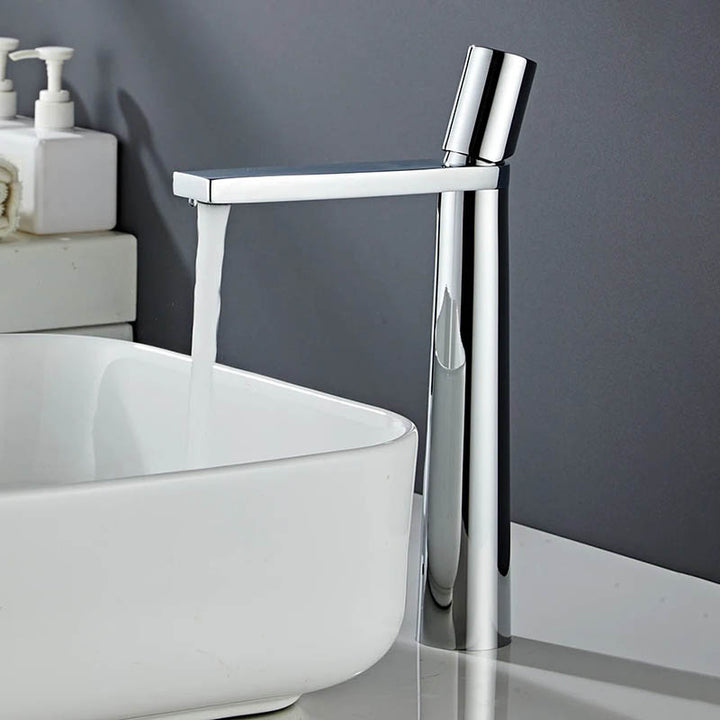 Polished chrome high spout basin tap, Scandinavian-style brass faucet with single handle for contemporary UK bathrooms
