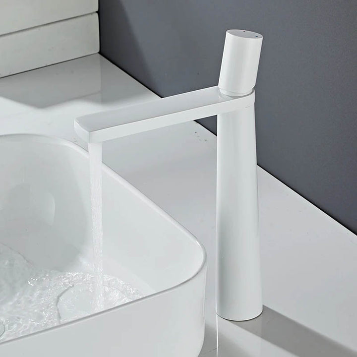 Matt white high spout basin tap, Scandinavian-style brass faucet with single handle for contemporary UK bathrooms
