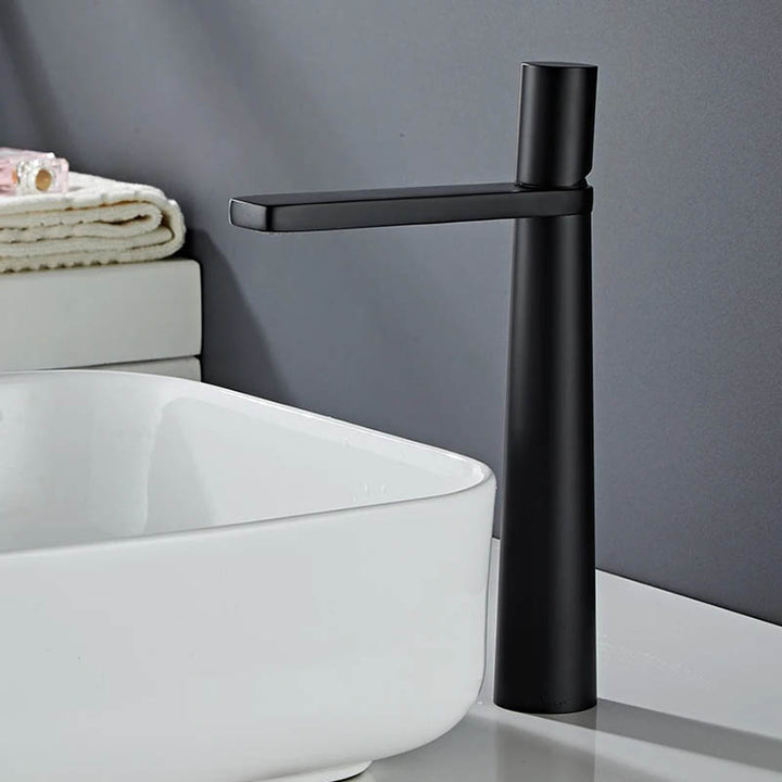 Matte black high arch basin mixer tap, minimalist Nordic design in solid brass, ideal for modern UK bathrooms and kitchens