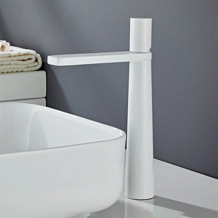 White modern bathroom tap with high arch spout, minimalist brass mixer ideal for Scandi-style vanities