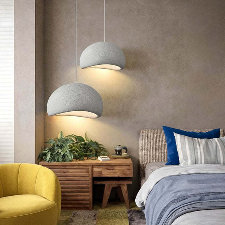 HAETTE Collection grey small minimalist LED pendant light, organic shape, ideal for bedroom room illumination.
