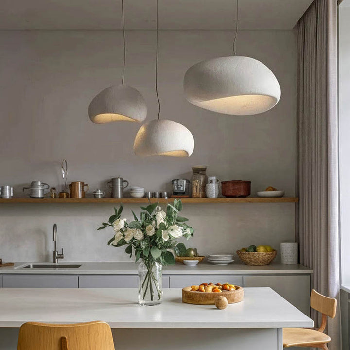 HAETTE Collection of grey and white large LED pendant lights, organic shape, ideal for UK dinning room illumination.