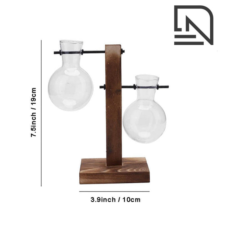 Vertical wooden stand with staggered double bulb glass vases, 19cm tall, for propagation or minimalist home decor on white background with product dimensions.