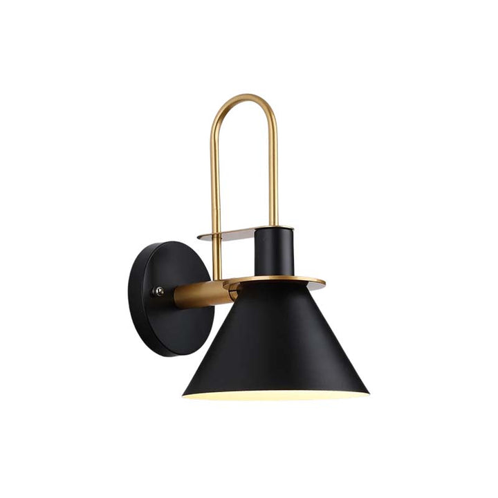 Black wall sconce with gold accents on a white background