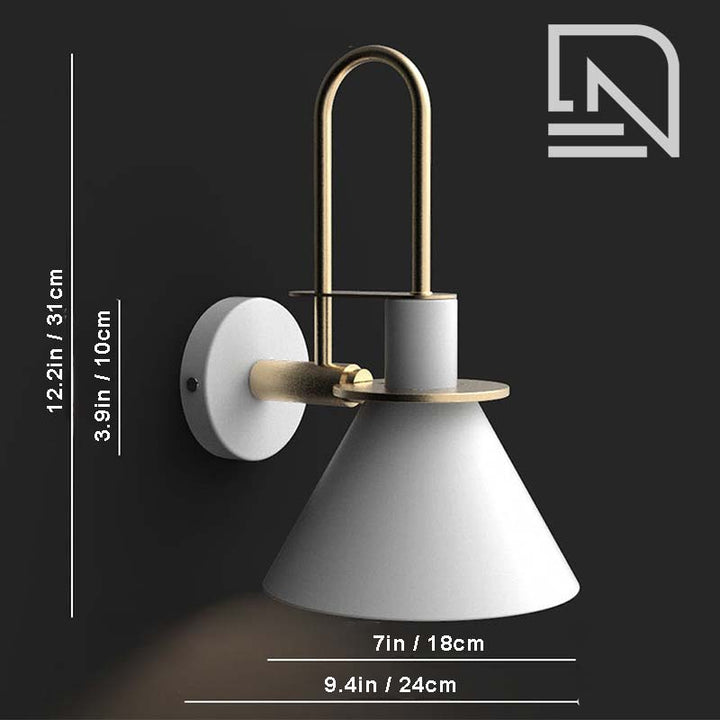 Wall-mounted lamp with dimensions displayed on a dark background