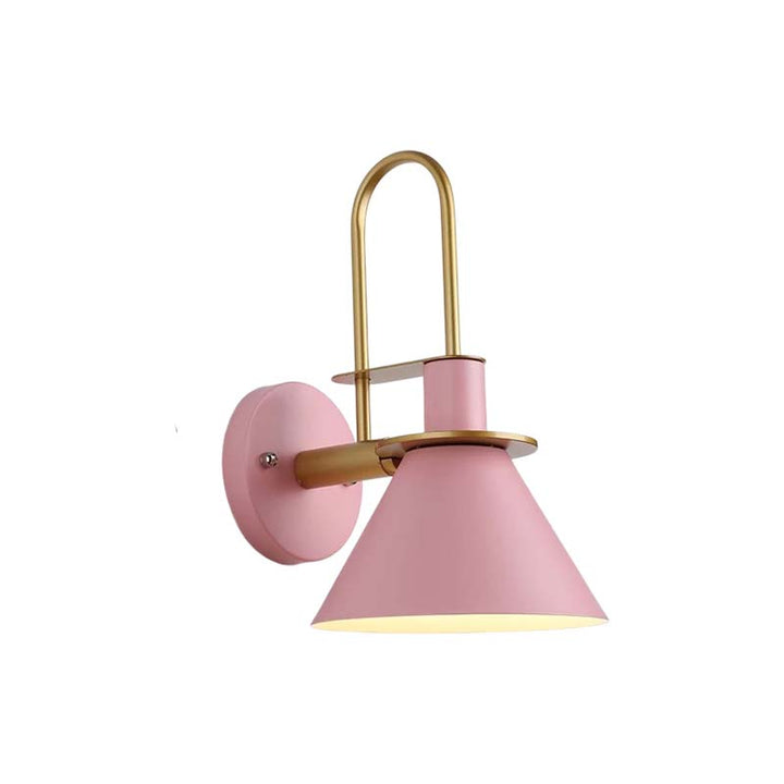 Pink wall lamp with gold accents on a white background
