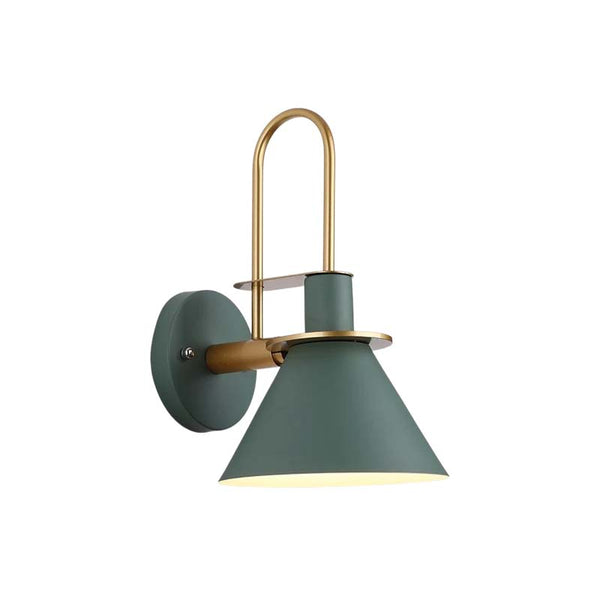 Wall-mounted lamp with green shade and gold metal arm on a white background