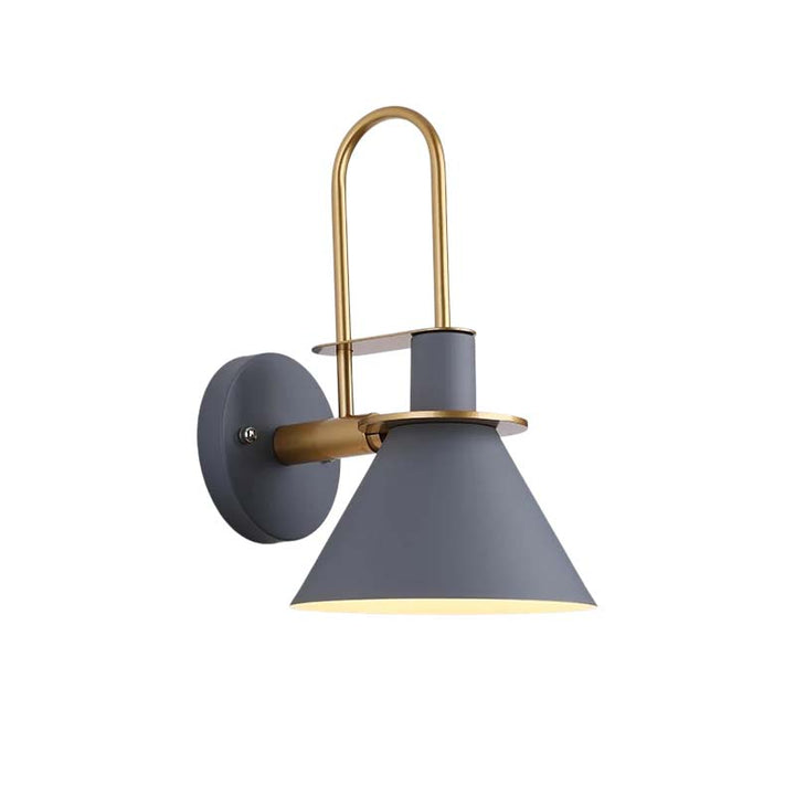 Wall-mounted lamp with gray shade and gold arm on a white background