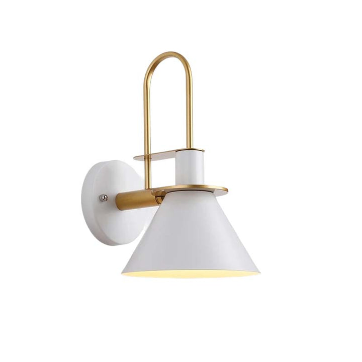 Wall-mounted light fixture with white shade and gold metal arm on a white background