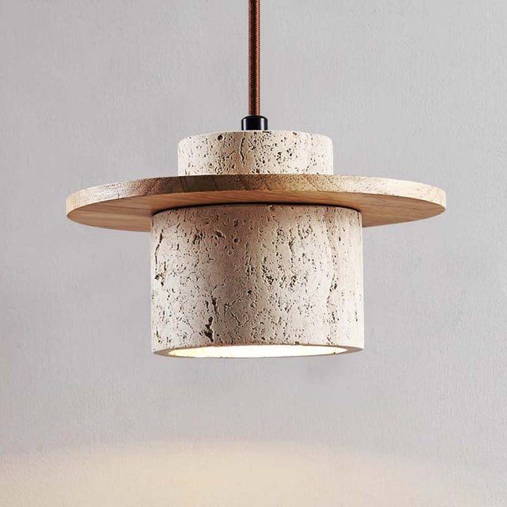 Pendant light with concrete and wood design on a neutral background