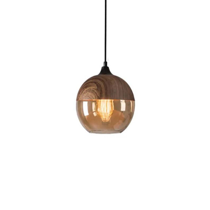 Pendant light with wooden finish and glass shade on a white background