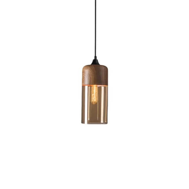 Wooden pendant light with clear glass shade on a white background