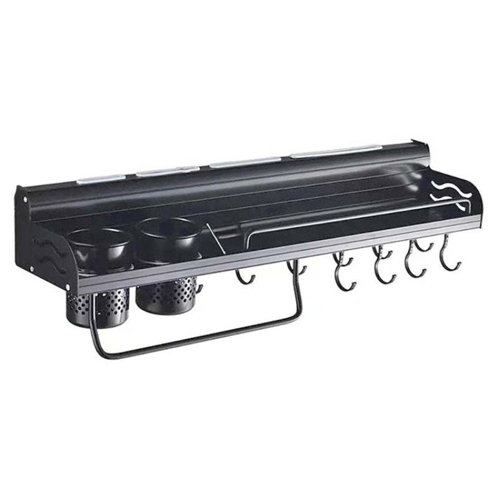 Black metal shelf with hooks on a white background