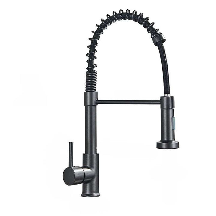 Black kitchen faucet with flexible hose on a white background