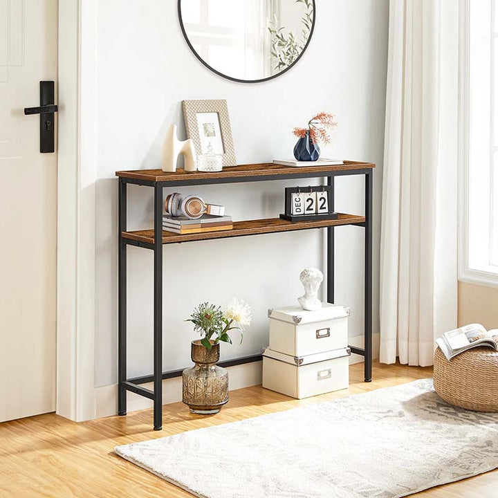 Modern Narrow Console Table with decorative items in a room setting