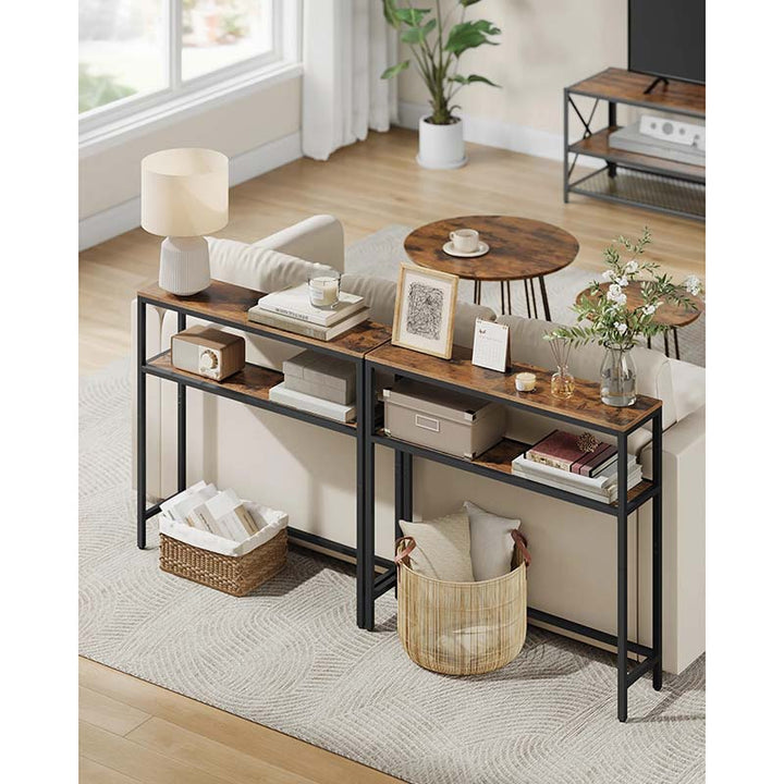 Modern Narrow Console Table with decorative items in a living room setting
