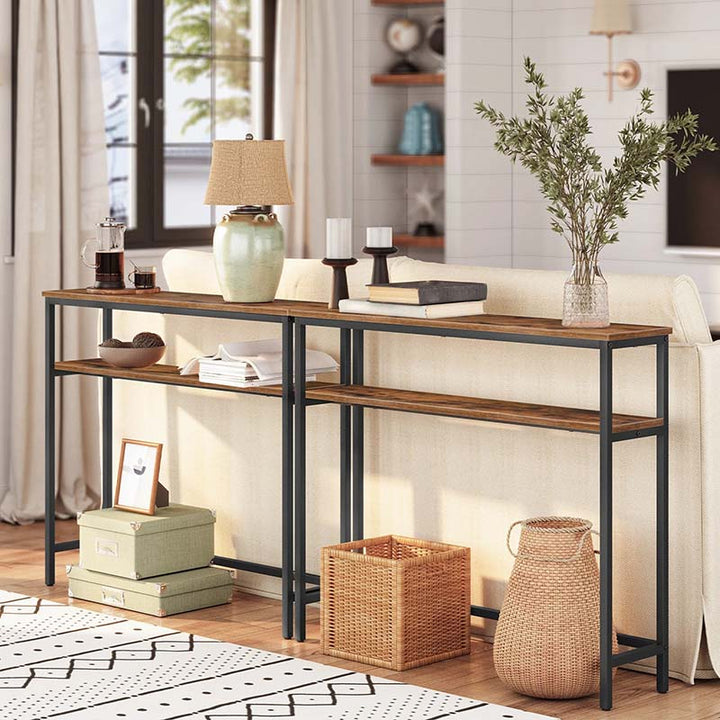 Modern Narrow Console Table with decorative items in a living room setting