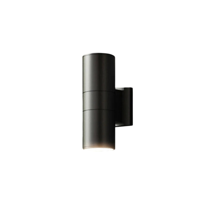 Single modern black LED wall light against white background showing minimalist cylindrical shape.