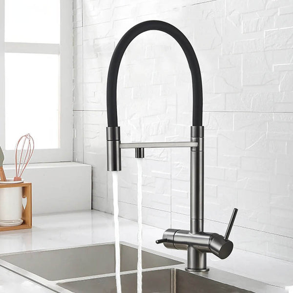 Modern pull-out kitchen faucet with black hose, dual outlet in grey matte for filtered and tap water, ideal for UK home or bar sinks