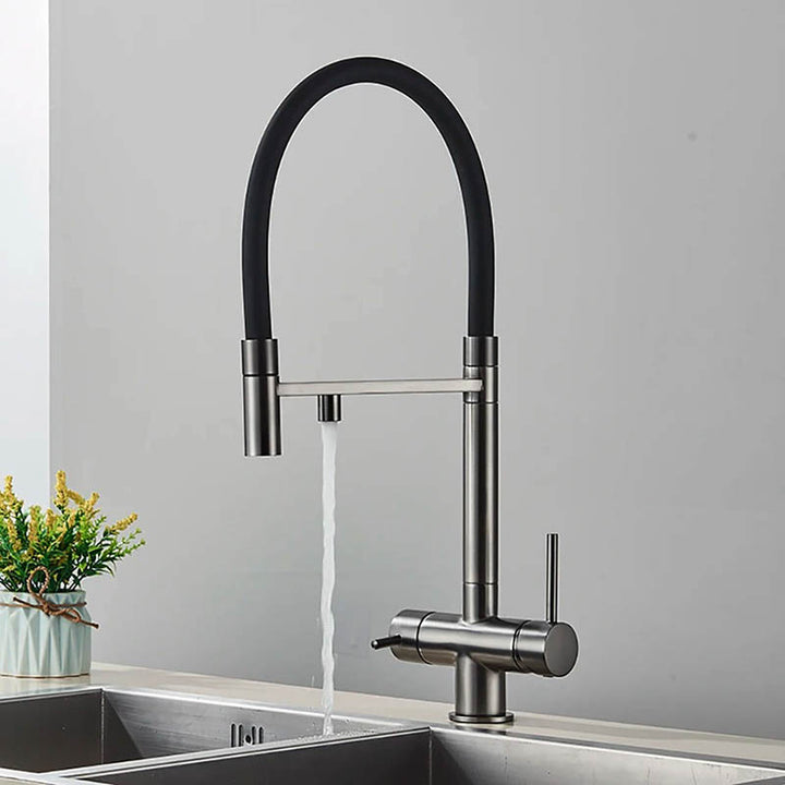 Modern pull-out kitchen faucet with black hose, dual outlet in grey matte for filtered and tap water, ideal for modern uk home or bar sinks