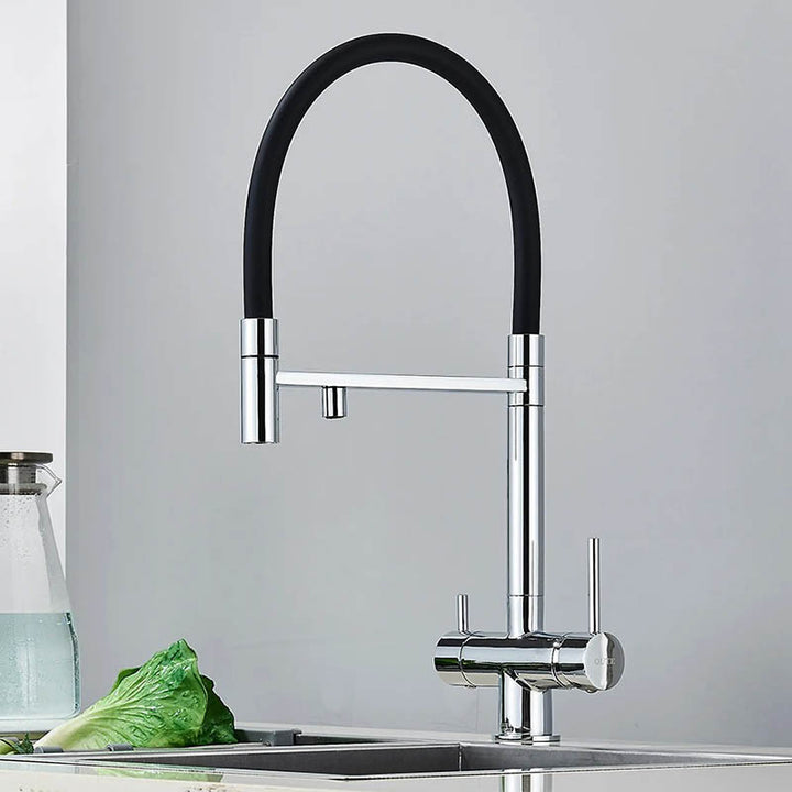 Modern pull-out kitchen faucet with black hose, dual outlet in polished chrome for filtered and tap water, ideal for UK home or bar sinks
