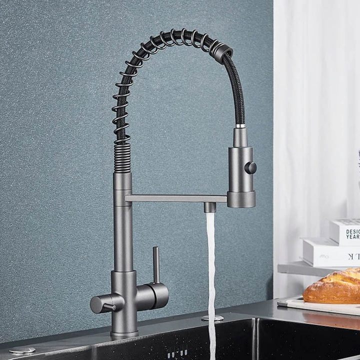Modern pull-out kitchen faucet with black hose, dual outlet in grey matte for filtered and tap water, ideal for UK home or bar sinks. Type 2