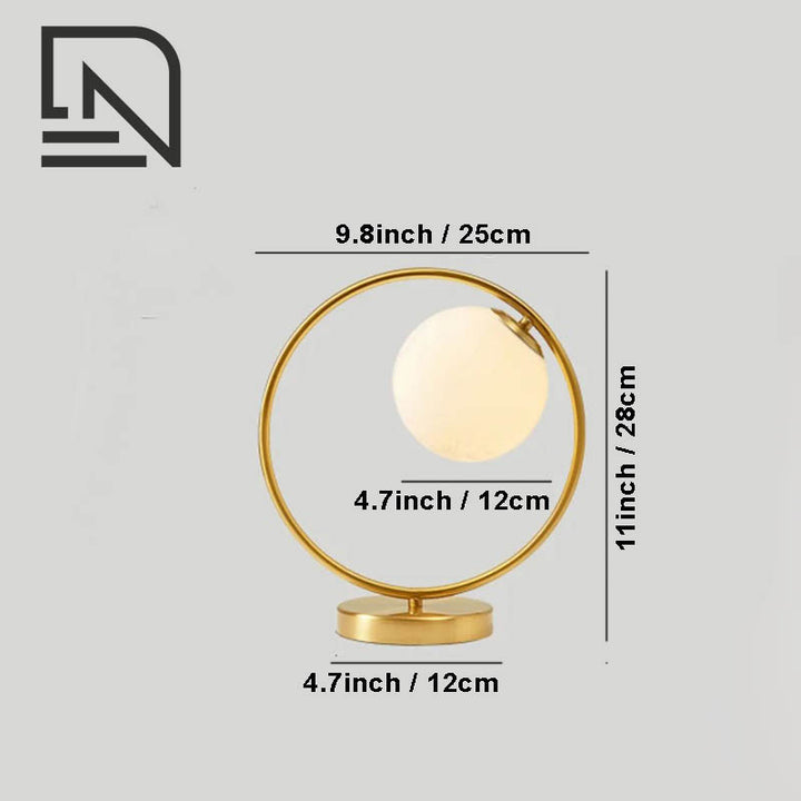 Modern Brass Ring table lamp with frosted glass globe, modern Nordic design, for bedside or uk living room use