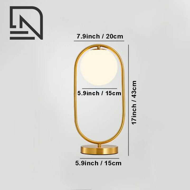 Brass ring table lamp with frosted glass globe, modern Nordic design, 17inch height, for bedside or uk living room use