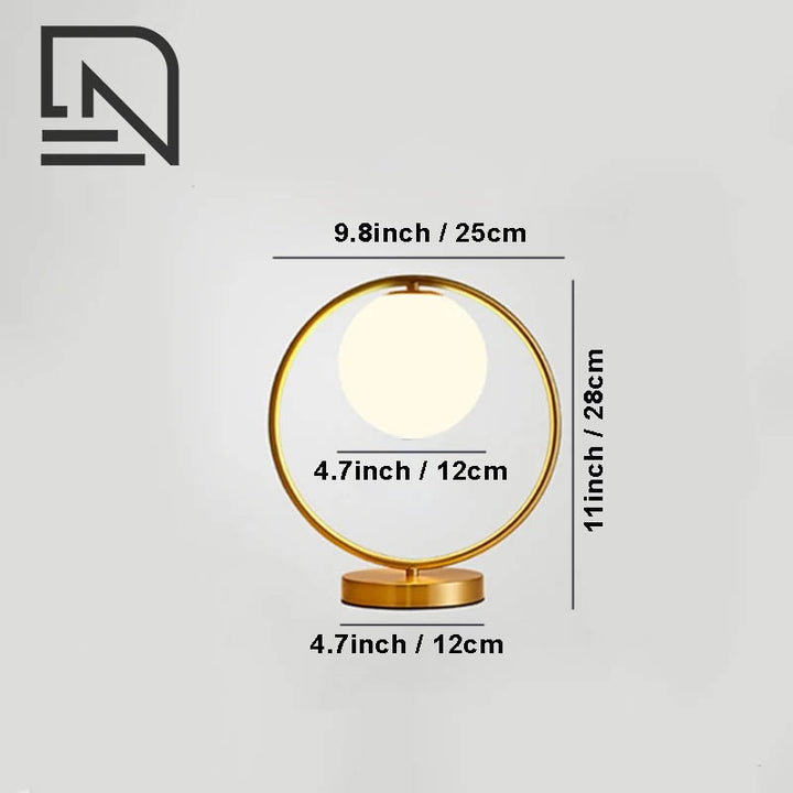 Brass Ring table lamp with frosted glass globe, modern Nordic design, 11inch height, for bedside or uk living room use