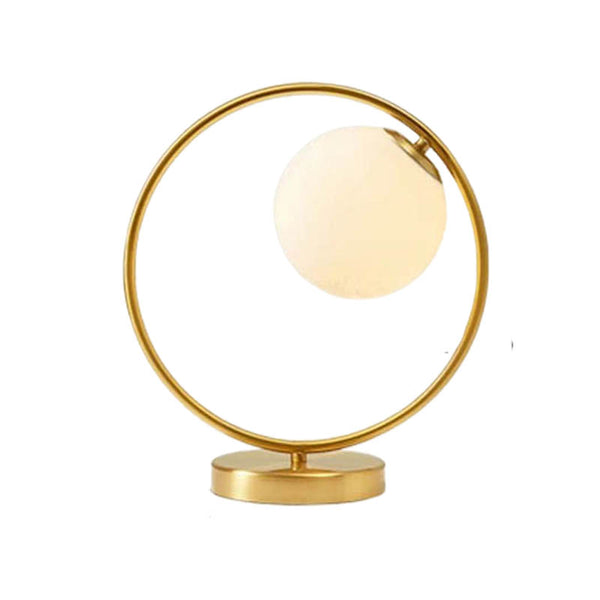 Brass ring table lamp with frosted glass globe, modern Nordic design, for bedside or uk living room use