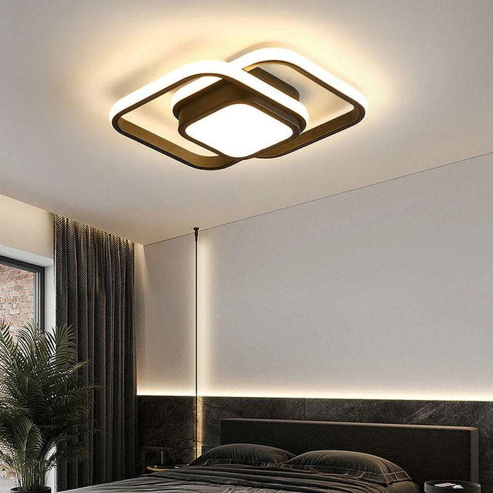 Contemporary bedroom with black double square LED flush mount ceiling light
