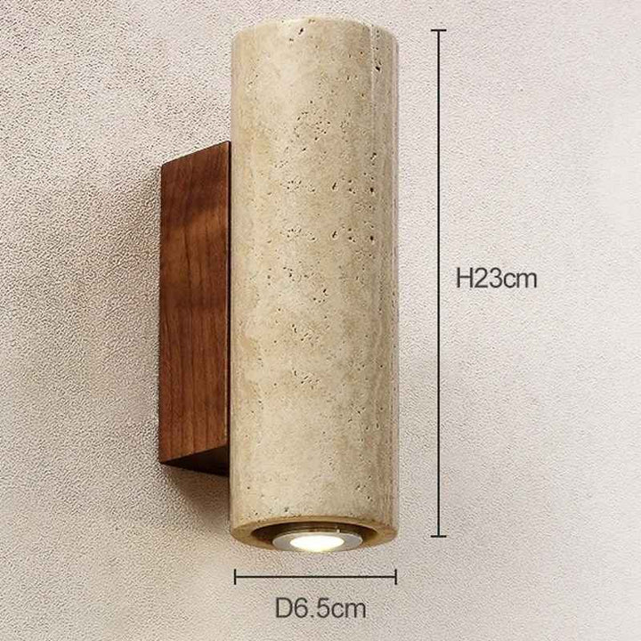 Cylindrical Nordic Wall Lamp with wooden base on a textured wall, showing dimensions.
