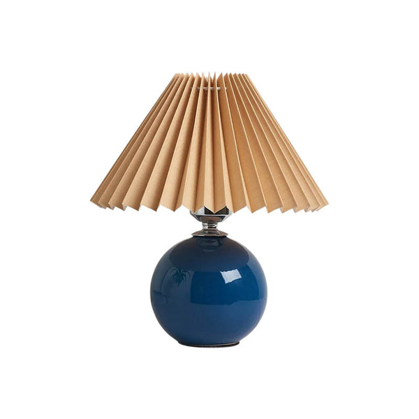 Modern table lamp with blue ceramic base and natural pleated shade, ideal for Nordic bedside or reading lighting.