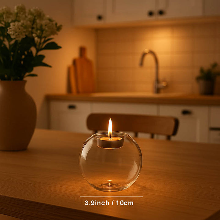 Clear glass tealight holder on wooden kitchen table, ideal for ambient Nordic-style dining décor