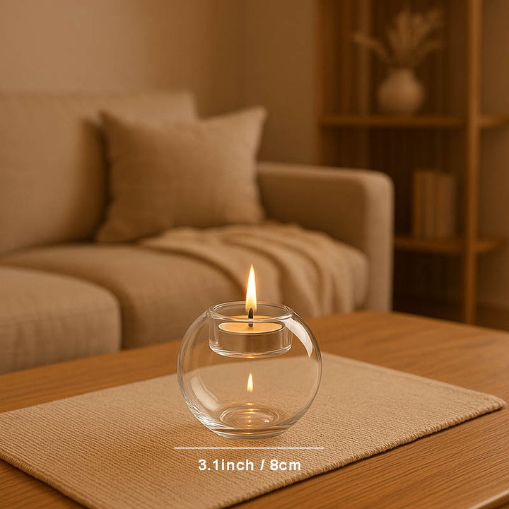  Transparent glass tealight holder on wooden table in modern uk cozy living room interior