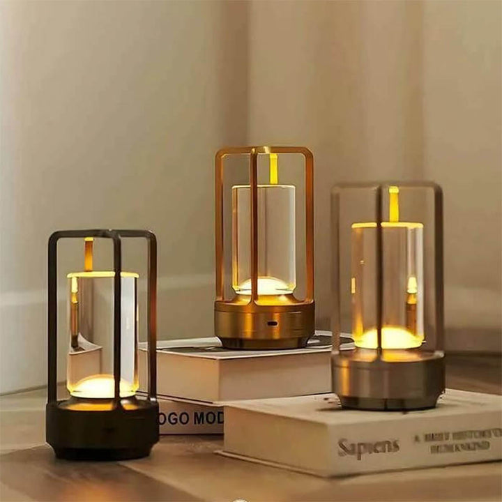 Gold, black and Silver USB rechargeable Lantern lamps in 3 colour modes, showing dimmable warm and cool light settings.