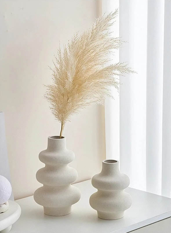 Pair of VIT ceramic vases styled with pampas and orchid stems, Scandinavian tabletop arrangement