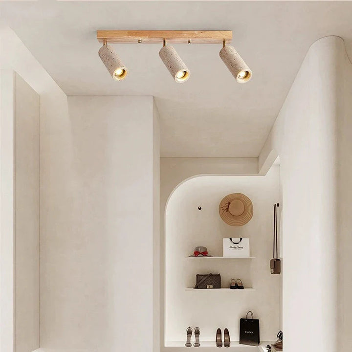 Ceiling light fixture in a modern interior setting with shelves and decor items.