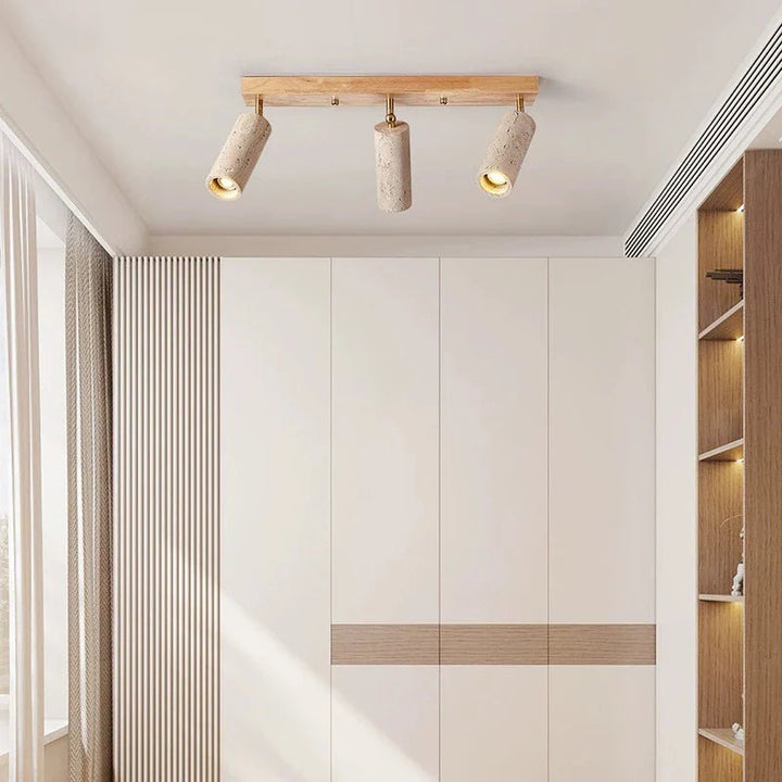 Ceiling light fixture in a modern interior setting with neutral colors.