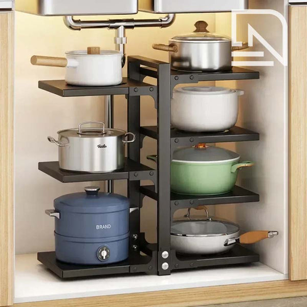 Kitchen pot and pan organiser with various pots and pans inside a cabinet.
