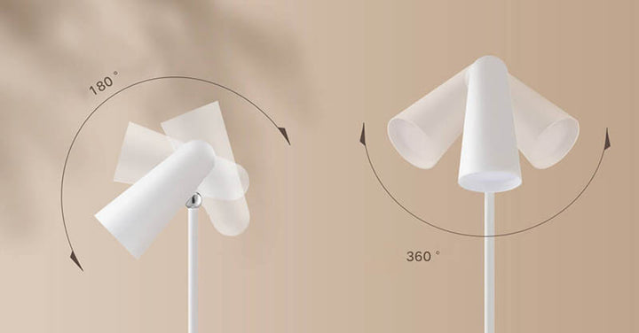 Adjustable LED desk lamp showing 360° tilt rotation for flexible directional lighting.