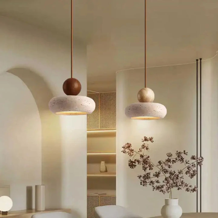 Two NATUR vintage pendant lights with natural stone shade enhancing warm interior décor