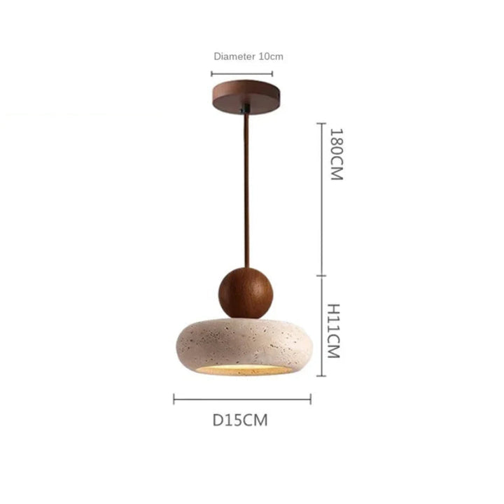 Pendant light dimensions with dark wood top and natural stone shade, 15 cm diameter, 11 cm height