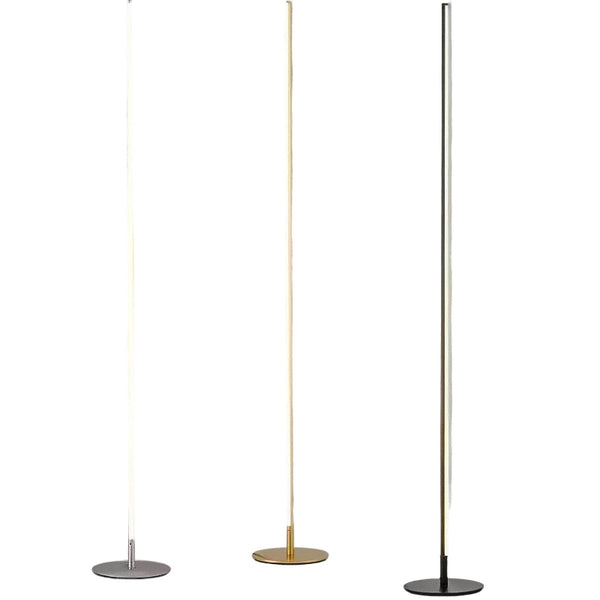Slimline dimmable LED floor lamps in black, gold, and silver finishes with circular base, Nordic Essentials design