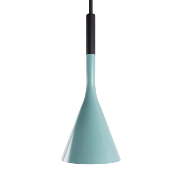 Light blue pendant lamp with black fixture on a white background